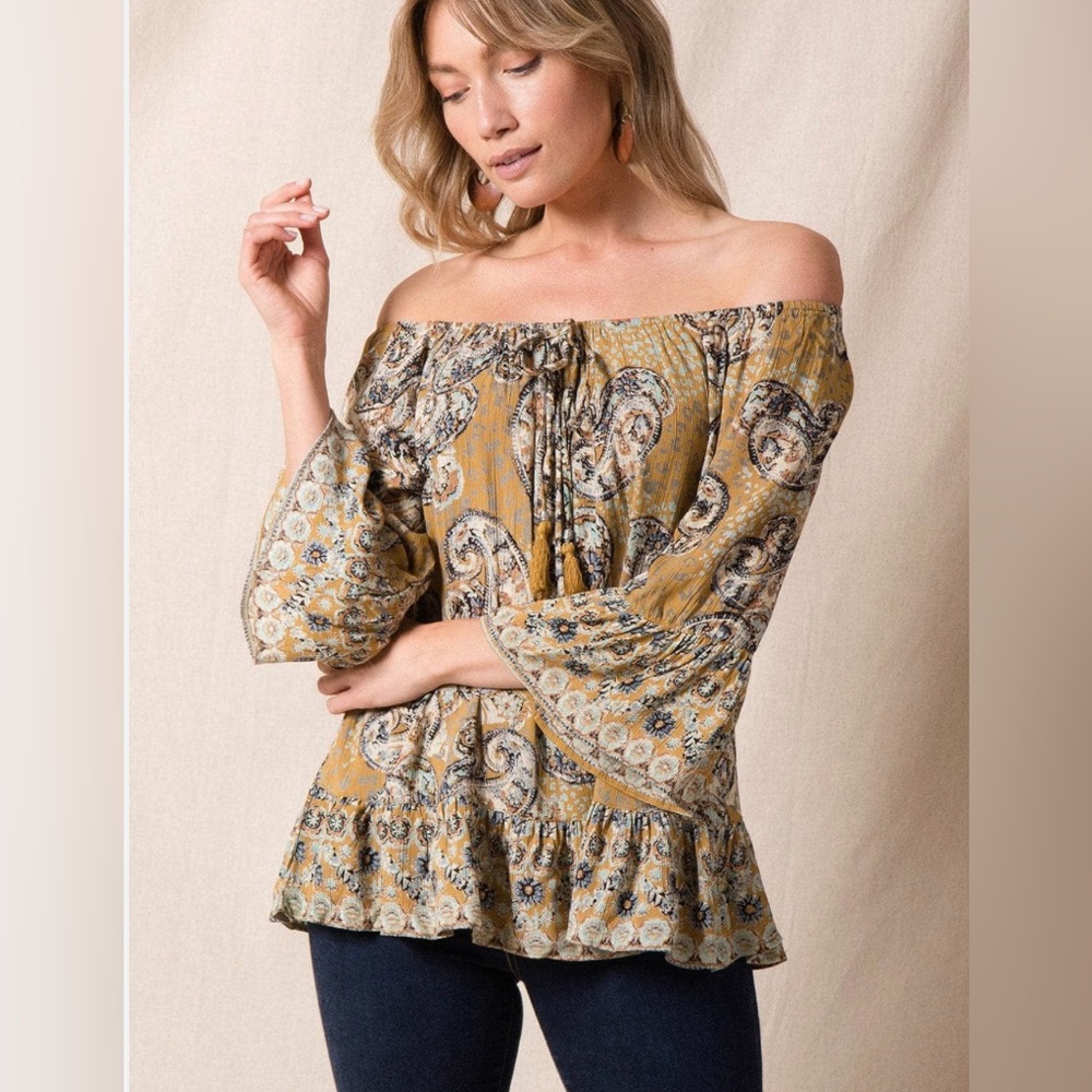 LOLA P yellow paisley Boho off shoulder blouse